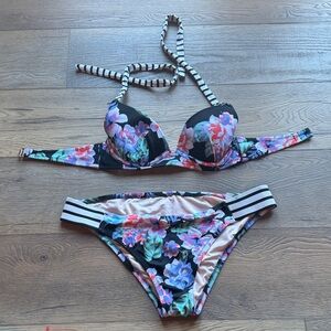 Shade & Shore Black Floral Push-Up Bikini - Pink, Blue, Green
